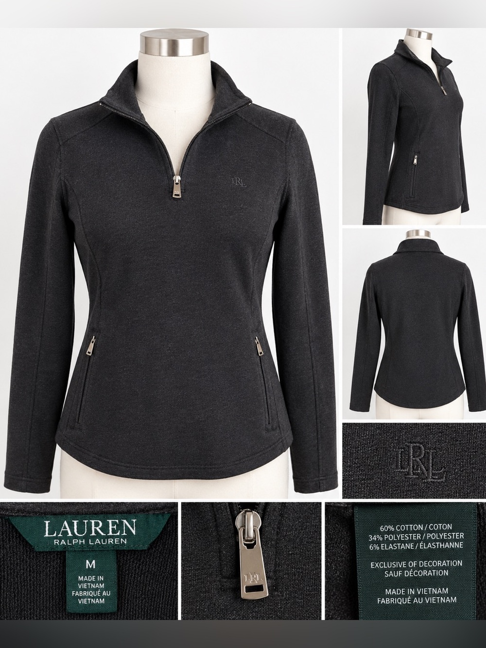 Lauren Ralph Lauren Quarter Zip Pullover Women’s M Black Stretch Zip Pockets LRL
